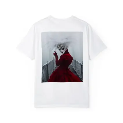 Venetian Masked Woman Red Dress Foggy Bridge