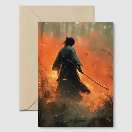 Samurai Warrior Standing Before Burning Field