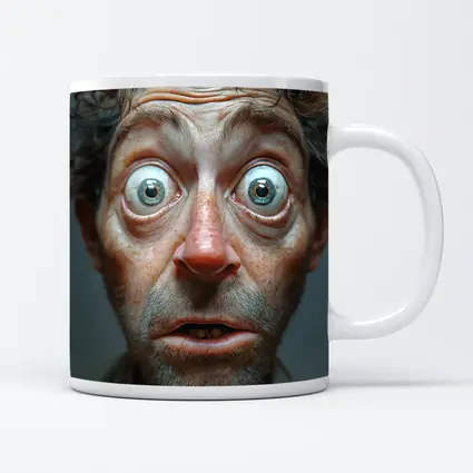 Funny Exaggerated Man Face Portrait Gray Background