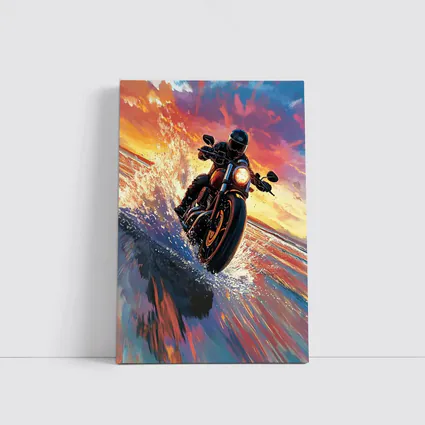 Motorcycle Rider Speeding Through Ocean Sunset