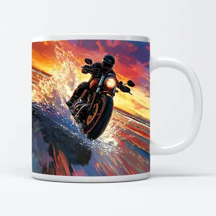 Motorcycle Rider Speeding Through Ocean Sunset