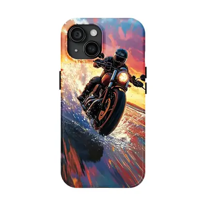 Motorcycle Rider Speeding Through Ocean Sunset