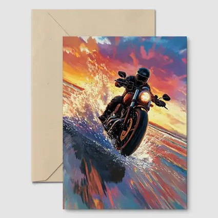 Motorcycle Rider Speeding Through Ocean Sunset