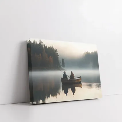 Two Men Fishing Misty Lake Autumn Morning