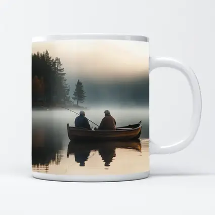 Two Men Fishing Misty Lake Autumn Morning