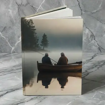 Two Men Fishing Misty Lake Autumn Morning