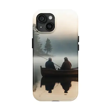 Two Men Fishing Misty Lake Autumn Morning