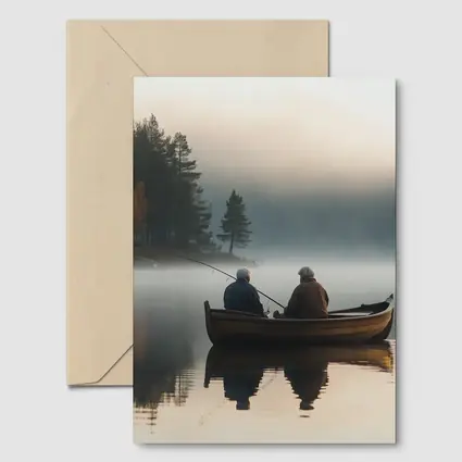 Two Men Fishing Misty Lake Autumn Morning