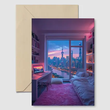 Shanghai Skyline Cozy Bedroom Neon Night