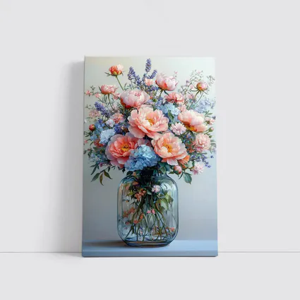 Pink Peonies Blue Hydrangeas Glass Vase Painting