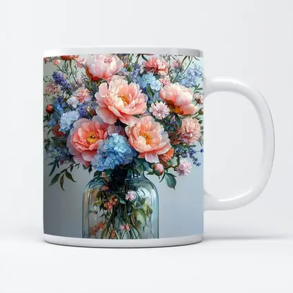 Pink Peonies Blue Hydrangeas Glass Vase Painting