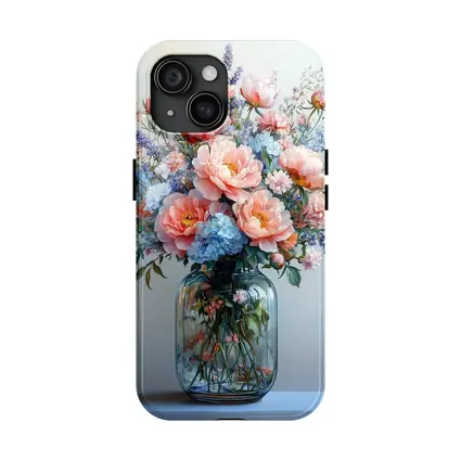 Pink Peonies Blue Hydrangeas Glass Vase Painting