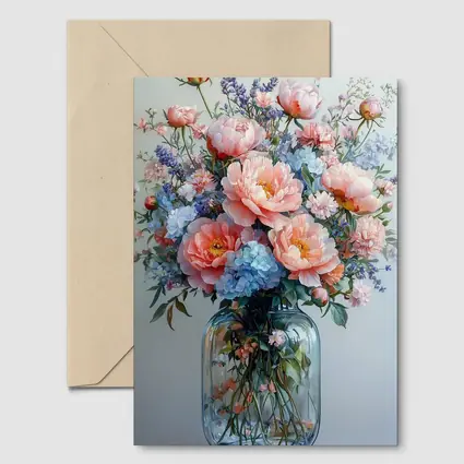 Pink Peonies Blue Hydrangeas Glass Vase Painting