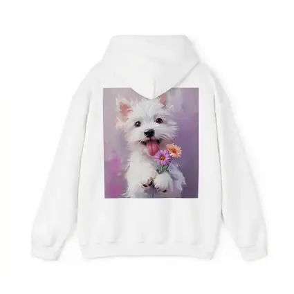 West Highland Terrier Puppy Holding Pink Flowers