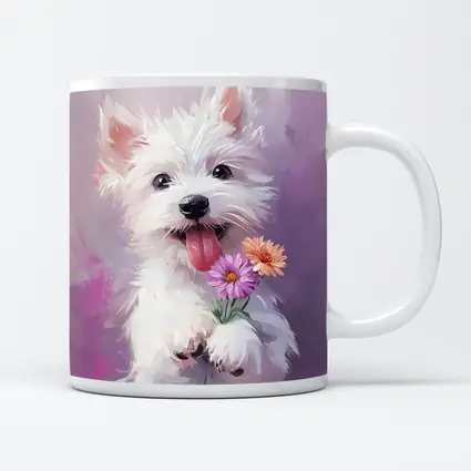 West Highland Terrier Puppy Holding Pink Flowers