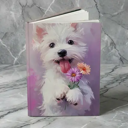 West Highland Terrier Puppy Holding Pink Flowers