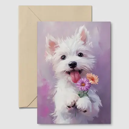 West Highland Terrier Puppy Holding Pink Flowers