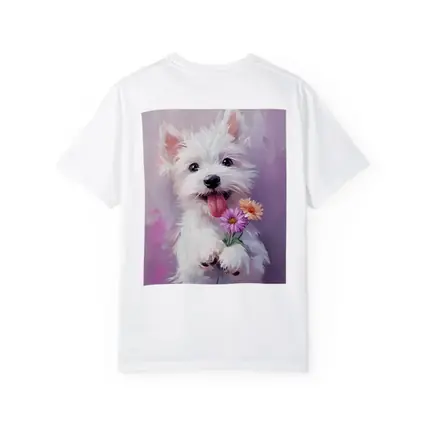 West Highland Terrier Puppy Holding Pink Flowers
