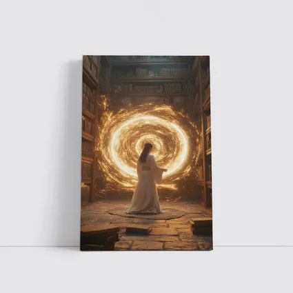 Robed Figure Golden Portal Ancient Library