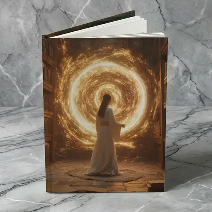 Robed Figure Golden Portal Ancient Library