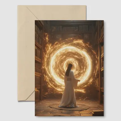Robed Figure Golden Portal Ancient Library