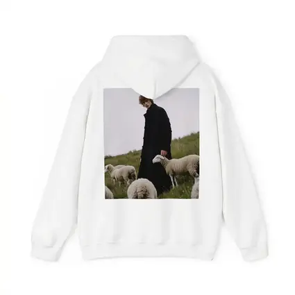 Young Man Black Coat Sheep Green Field