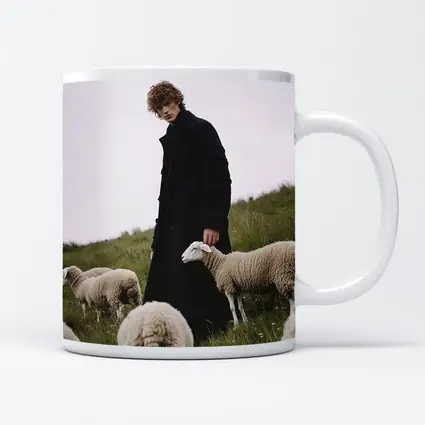 Young Man Black Coat Sheep Green Field