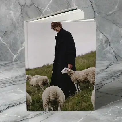 Young Man Black Coat Sheep Green Field