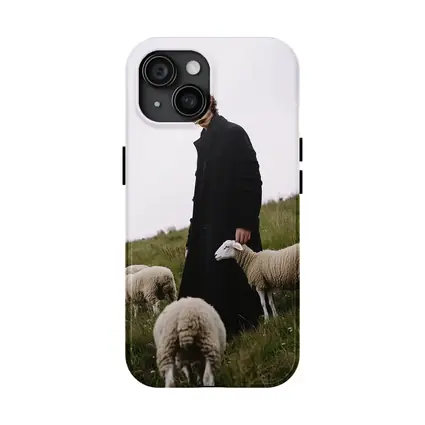 Young Man Black Coat Sheep Green Field