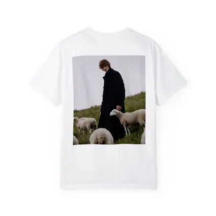 Young Man Black Coat Sheep Green Field