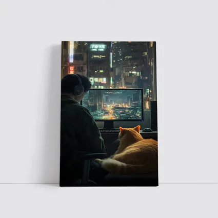 Gamer With Cat Neon City Night