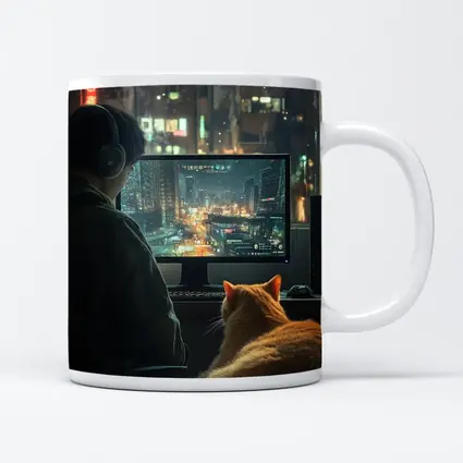 Gamer With Cat Neon City Night