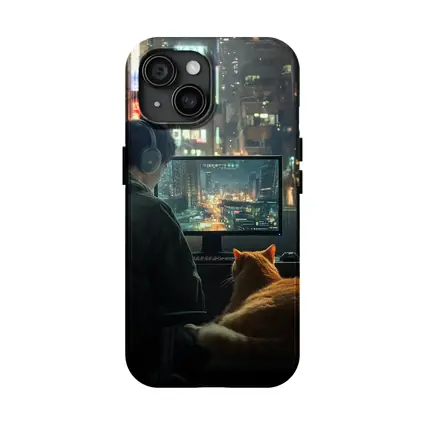 Gamer With Cat Neon City Night