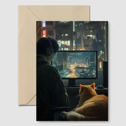 Gamer With Cat Neon City Night