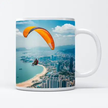 Paraglider Soaring Over Coastal City Skyline
