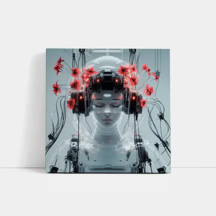 Cyberpunk Robot Woman Red Poppies White