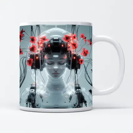 Cyberpunk Robot Woman Red Poppies White