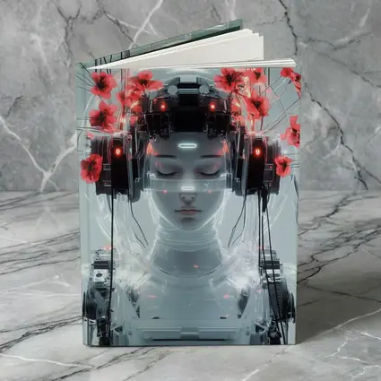 Cyberpunk Robot Woman Red Poppies White