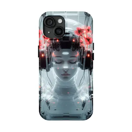 Cyberpunk Robot Woman Red Poppies White