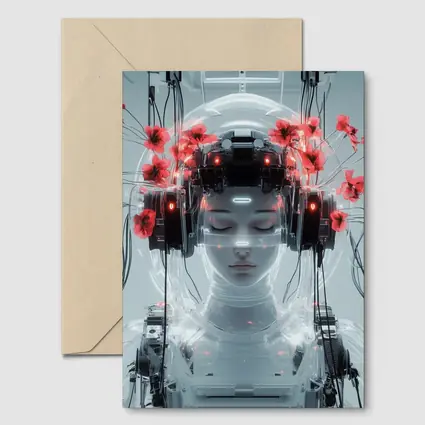Cyberpunk Robot Woman Red Poppies White