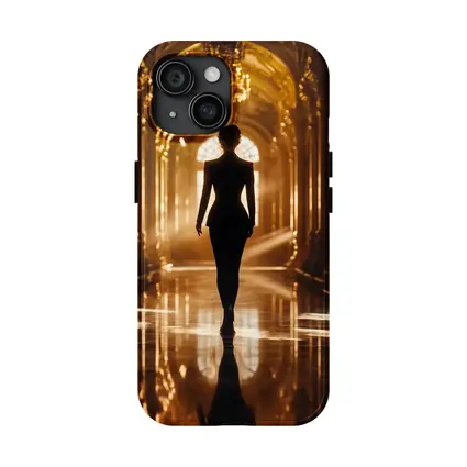 Woman Silhouette Walking Golden Ornate Palace Hall