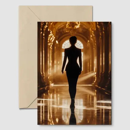Woman Silhouette Walking Golden Ornate Palace Hall