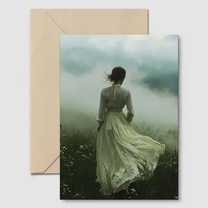 Woman in White Dress Misty Field