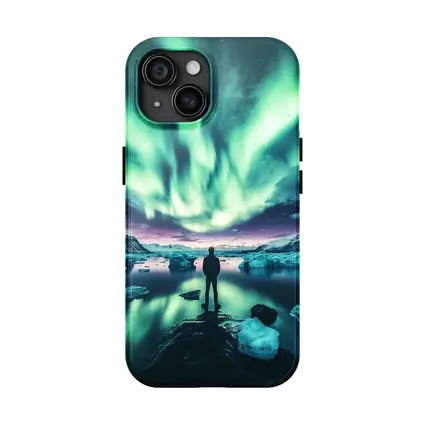 Man Standing Under Northern Lights Iceland