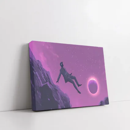 Man Floating In Purple Starry Night Sky
