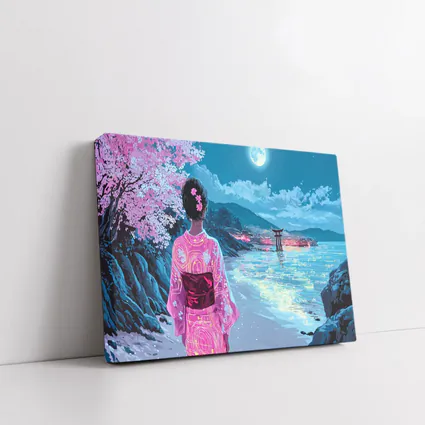 Japanese Woman Kimono Cherry Blossoms Moon Night