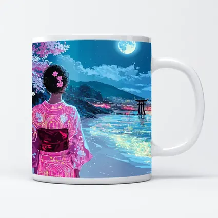 Japanese Woman Kimono Cherry Blossoms Moon Night