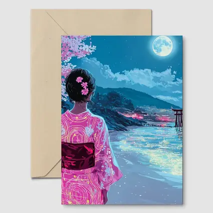Japanese Woman Kimono Cherry Blossoms Moon Night