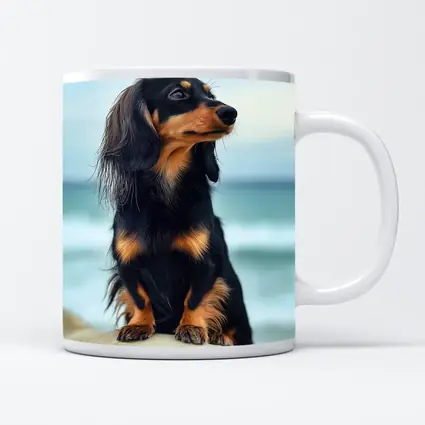 Long Haired Dachshund Sitting By Ocean