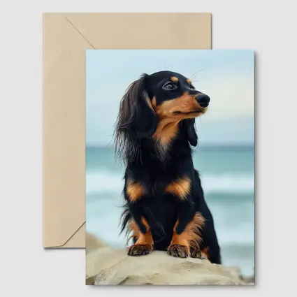 Long Haired Dachshund Sitting By Ocean
